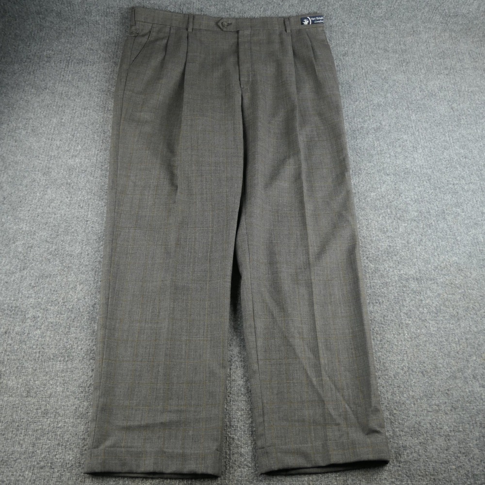 Hart Schaffner Marx Dress Pants Mens 40x32 Pleated Cuffed Grey Windowpane‎ Check - Picture 2 of 16